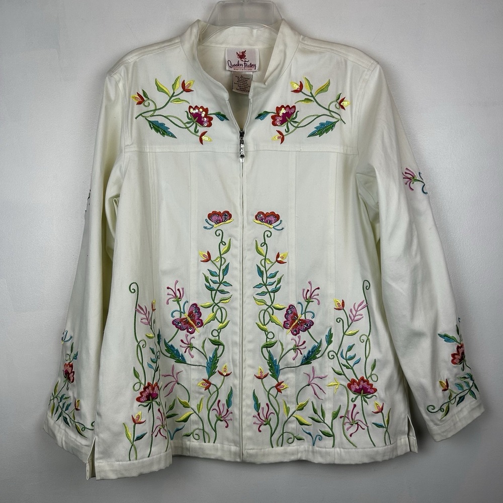 Quacker Factory Jacket Womens L Full Zip Floral Embroidered Casual White Read